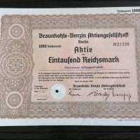 Акция | 1000 райх марки | Braunkohle-Benzin AG | 1936г., снимка 1 - Нумизматика и бонистика - 25590840