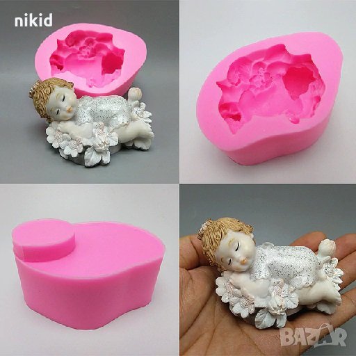 3D Бебе полегнало върху цветя силиконов молд форма калъп за фондан гипс сапун шоколад пита декор, снимка 1