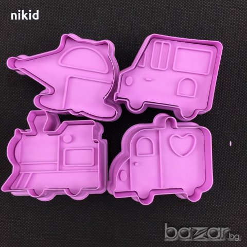 4 бр превозни средства самолет камион бус влак форми резци с бутало релеф за сладки фондан бисквитки