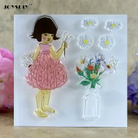 Момиченце с ваза цветя маргаритки силиконов гумен печат декор украса бисквитки фондан Scrapbook, снимка 1 - Други - 21243832