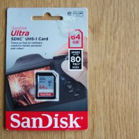 SanDisk Ultra SDXC 64GB UHS-I Class 10 80MB/s карта памет , снимка 1 - Чанти, стативи, аксесоари - 22569654