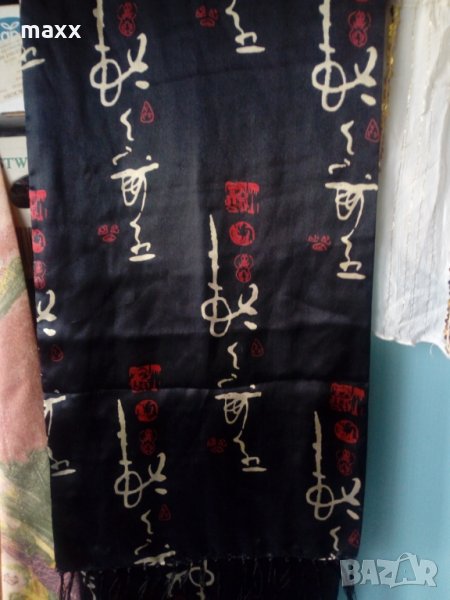 Шал копринен,черен с ресни 140 х 27 см , снимка 1