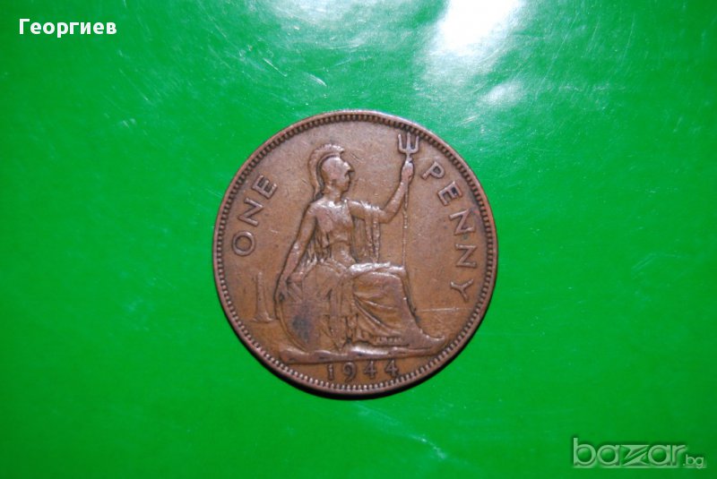 1 пени Великобритания 1944  ВСВ ,голяма монета Рядка, снимка 1