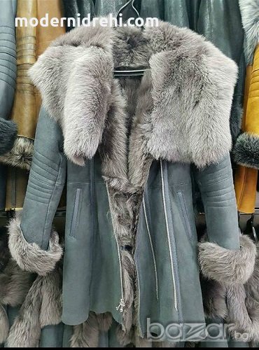 Дамско палто от агнешка кожа сиво модел 2017/2018, снимка 1