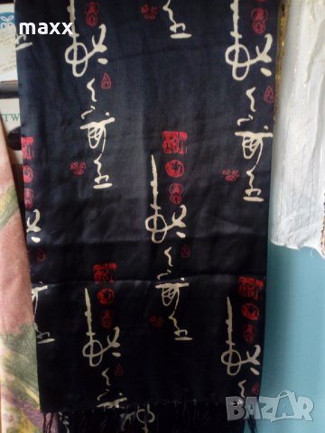 Шал копринен,черен с ресни 140 х 27 см , снимка 1