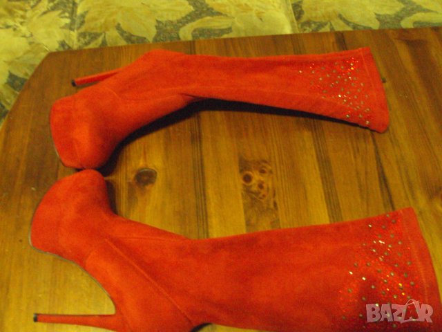 Червени велурени ботуши на високи токчета-15 см