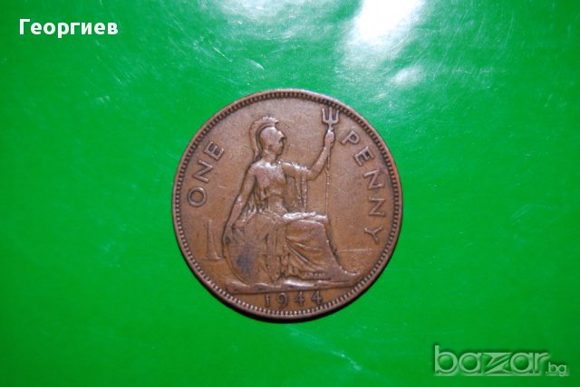 1 пени Великобритания 1944  ВСВ ,голяма монета Рядка