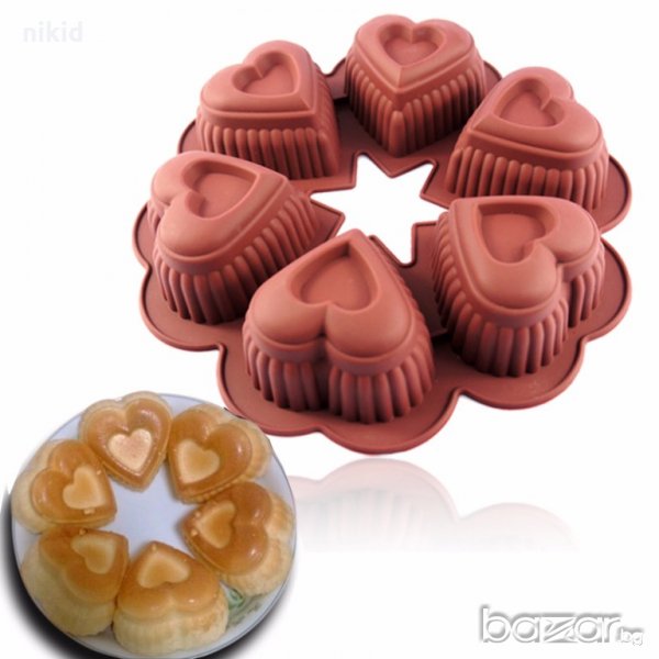 6 големи сърца силиконова форма за кексчета мъфини желе хлебче козуначе гипс сапун, снимка 1