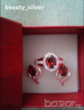 Сребърни стерлинги пръстен и обеци с червен Цирконий, код 0560, снимка 1