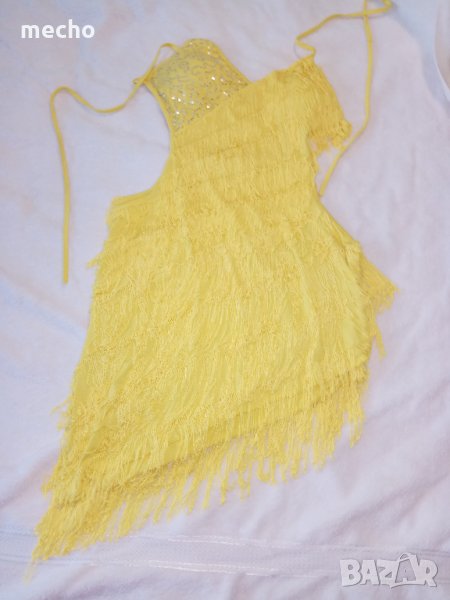 Жълта асиметрична рокля с ресни и ниска талия, снимка 1
