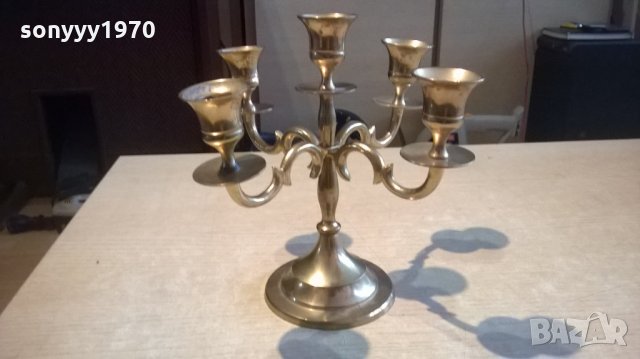 свещник за 5 свещи-масивен-мед/месинг-20х18х18см, снимка 4 - Антикварни и старинни предмети - 23992789