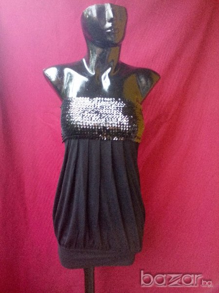 Черна къса рокля бюстие тип балон с пайети от трико С, снимка 1