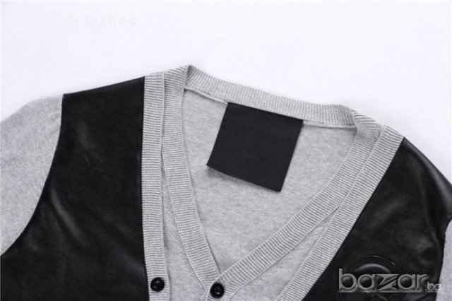 PHILIPP PLEIN GREY LEATHER SKULL Мъжка Жилетка тип Пуловер size M, снимка 5 - Пуловери - 9069376