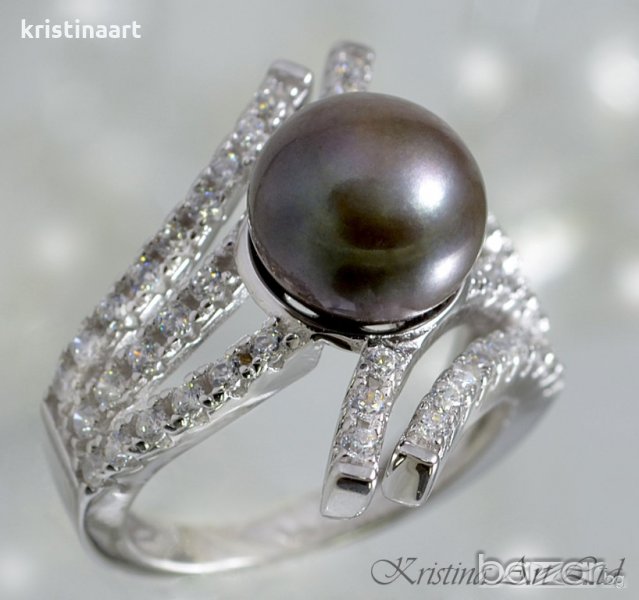 Сребърни  пръстен с естествена черна перла, снимка 1