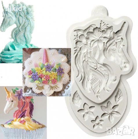 Красива глава еднорог с грива комбиниран с цветя силиконов молд форма декорация украса торта фондан 