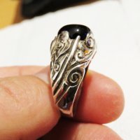 Стар красив мъжки сребърен пръстен с голям красив камък черен оникс и прекрастна изработка, снимка 6 - Пръстени - 31048116