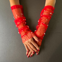 Дълги червени ръкавици без пръсти с бели перли- 3014, снимка 1 - Ръкавици - 44818388