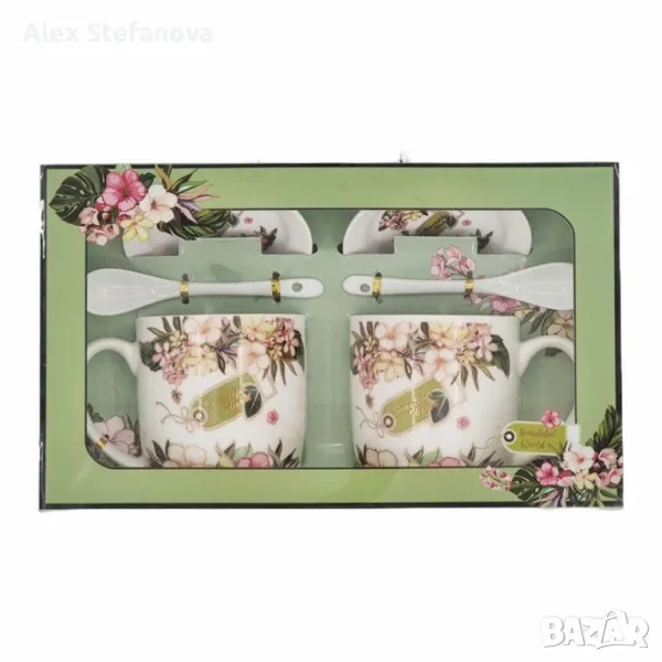 Комплект две чаши с лъжички и чинийки в зелени нюанси, снимка 1