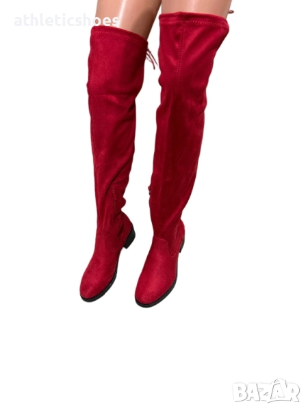 Дамски чизми в червено от еко велур, снимка 1