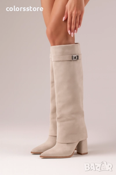 Ботуши на ток - бежов велур - KD105 , снимка 1