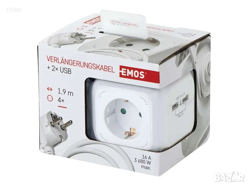 НОВИ! Разклонител куб Emos 4 гнезда 2xUSB 3680W 16A 1.9м с държач защита за деца , снимка 1