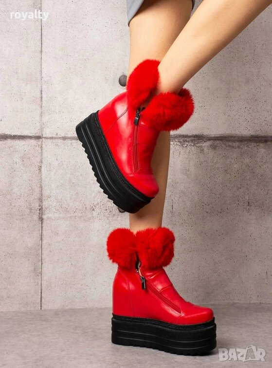 Боти на Платформа - Червена Кожа с Пух, снимка 1