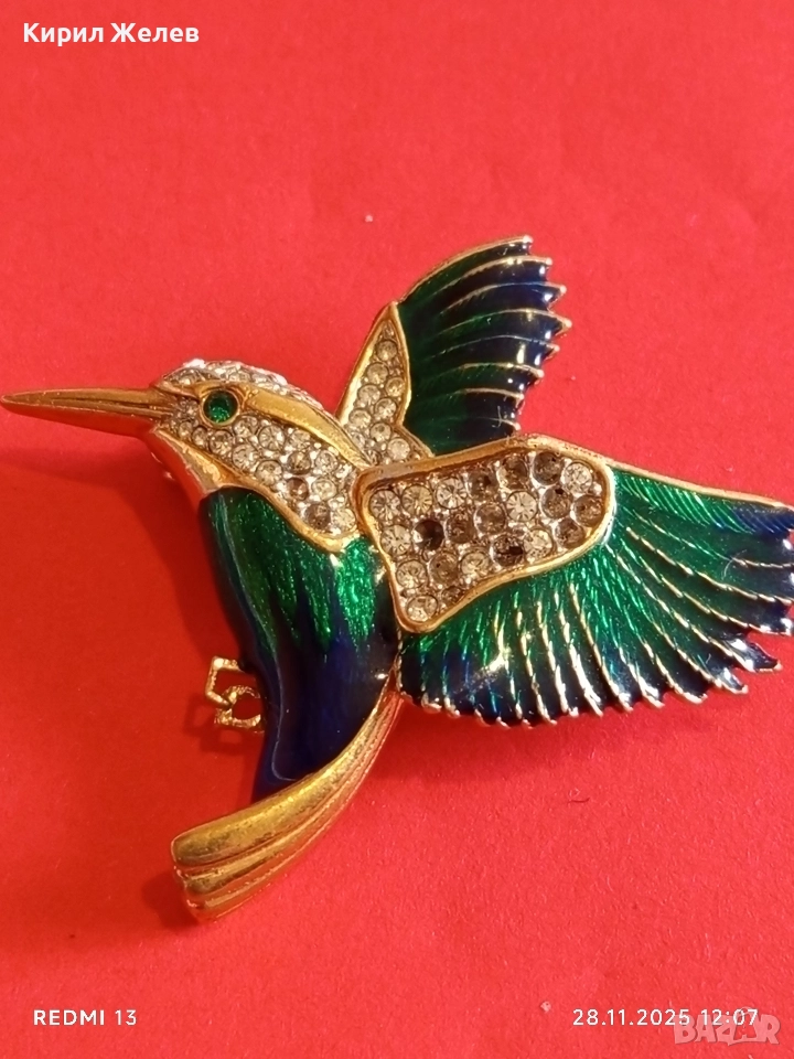 Винтидж брошка Колибри Attwood - Sawyer с 22 карата златно покритие Сваровски  емайл 75081, снимка 1