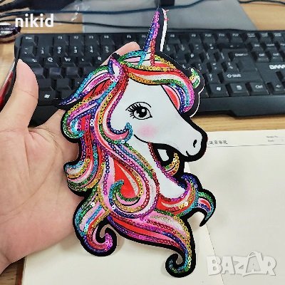 Еднорог Unicorn цветни кичури с пайети апликация с пайети за дреха дрехи самозалепваща се, снимка 1