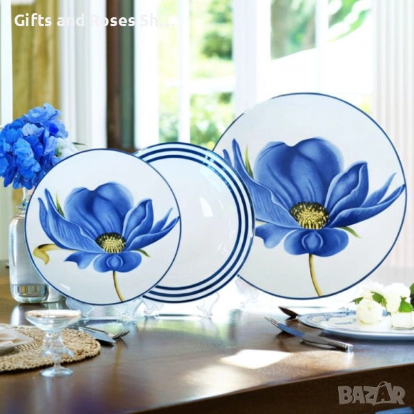 Порцеланов сервиз за хранене със син Мак - 18 части, снимка 1