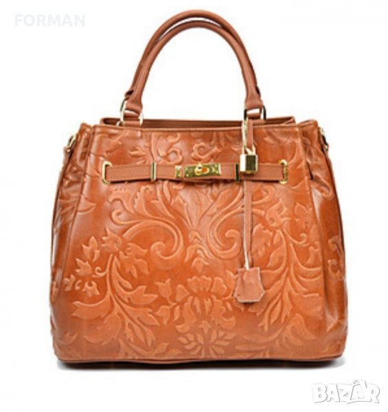 УНИКАЛНА чанта от естествена кожа в цвят камел, снимка 1