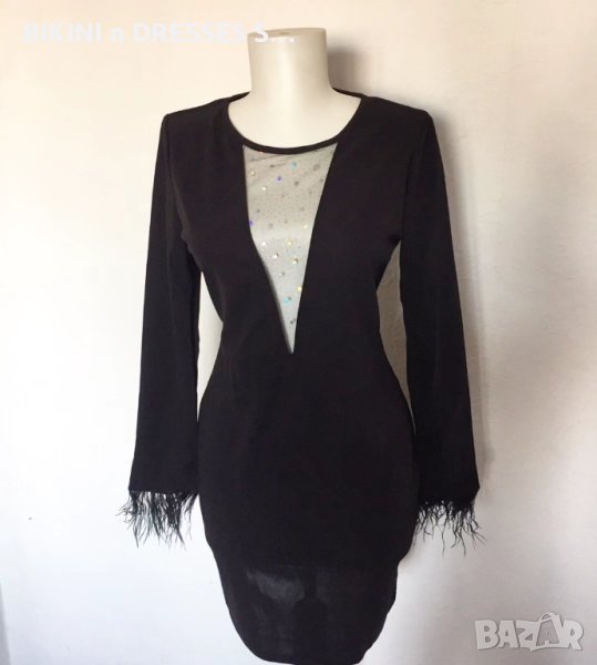 Черна елегантна рокля с дълъг ръкав с пера, снимка 1