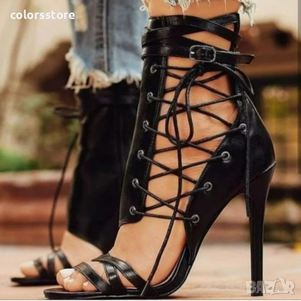 Летни боти на ток - черна кожа - FM21, снимка 1