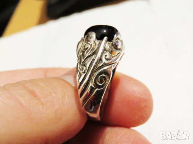 Стар красив мъжки сребърен пръстен с голям красив камък черен оникс и прекрастна изработка, снимка 6 - Пръстени - 31048116