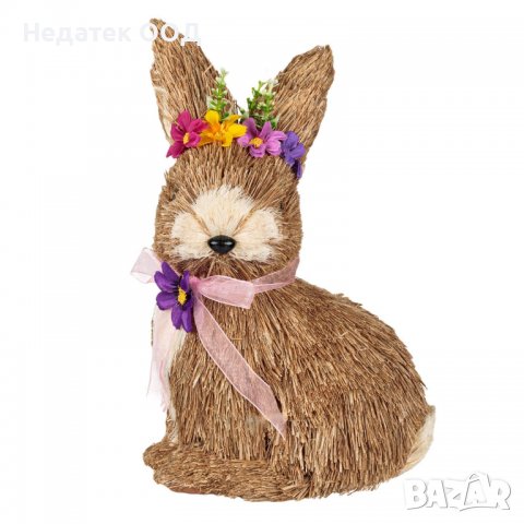 Великденскa декорация, Заек с панделка с цвете, 28 см, Многоцветна