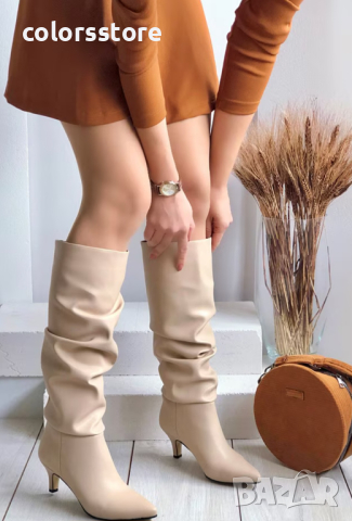 Ботуши на ток - бежова кожа - BR800, снимка 2 - Дамски ботуши - 44707148