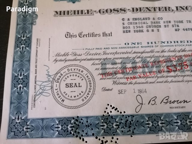 Сертификат за 100 акции (САЩ) | Miehle-Goss-Dexter Inc. (MGD) | 1964г., снимка 3 - Други ценни предмети - 29301879