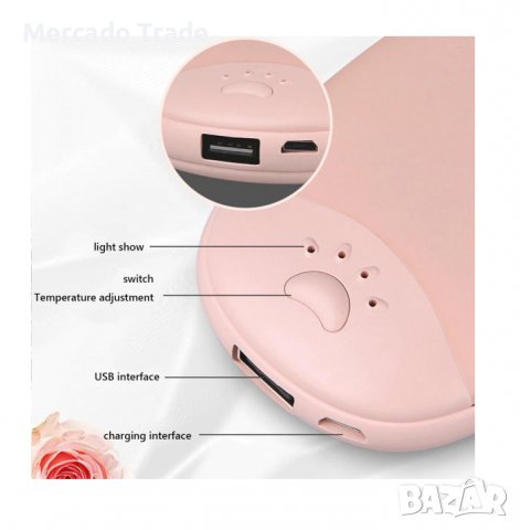 Преносима батерия Mercado Trade, Мини нагревател за ръце, USB, Розов, снимка 4 - Външни батерии - 39662247