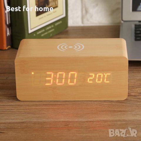 Дървен LED дигитален настолен будилник,Температура Безжично зарядно устройство за телeфон, снимка 6 - Други стоки за дома - 40236274