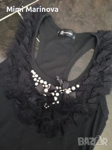 Черен топ с дантела,перли и камъчета, снимка 1