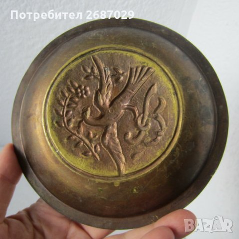 антика- чиния чинийка с пиле птица мед метал, снимка 2 - Други - 31966771