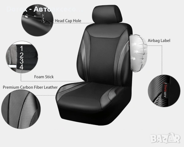 Луксозна автомобилна тапицерия 9 части - черна с карбон ефект, еко кожа и дишащ текстил, снимка 5 - Аксесоари и консумативи - 54215975