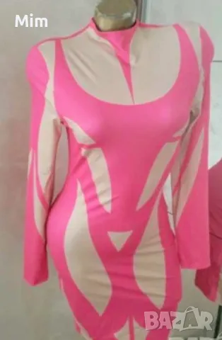 М Еластична розова рокля с дълъг ръкав , снимка 4 - Рокли - 49240393