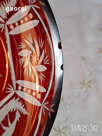 голяма кристална купа с ловни мотиви Bohemia рубинен кристал , снимка 14 - Декорация за дома - 51951133