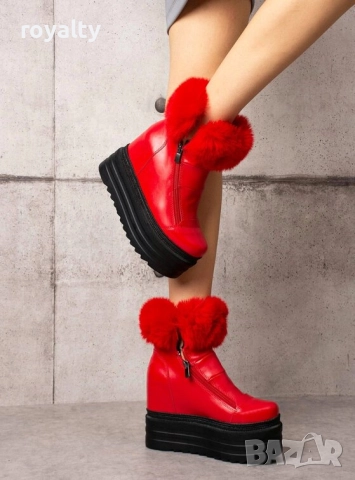Боти на Платформа - Червена Кожа с Пух
