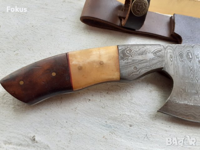 Страхотен нож брадва сатър дамаска стомана нов кожена кания, снимка 4 - Антикварни и старинни предмети - 38286250