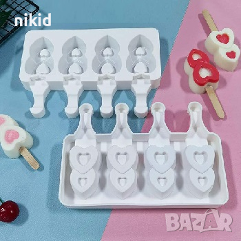 4 малки ескимо двойни сърца сладолед Popsicle Попсикъл молд силиконова форма калъп направа десерти, снимка 3 - Форми - 36438761