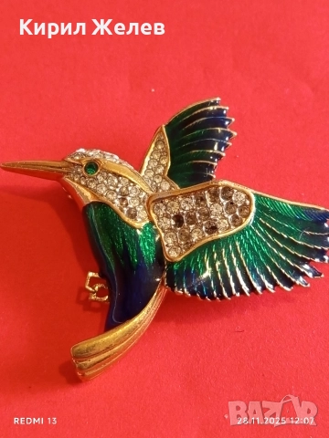 Винтидж брошка Колибри Attwood - Sawyer с 22 карата златно покритие Сваровски  емайл 75081