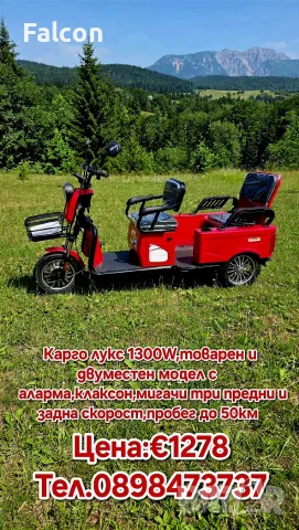 Триколка на ток двуместна товарна карго лукс А-10