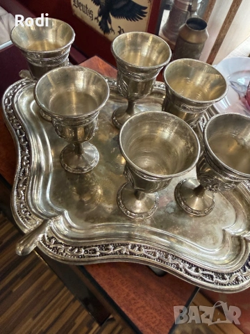 стар посребрен комплект от 6 чашки и поднос, снимка 5 - Антикварни и старинни предмети - 54213465