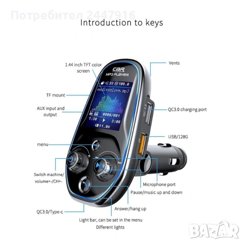 Стерео Bluetooth трансмитер с mp3 player и DSP еквалайзер, снимка 3 - Аксесоари и консумативи - 54207454